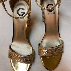 Guess Gold sequin open toe chunky heel